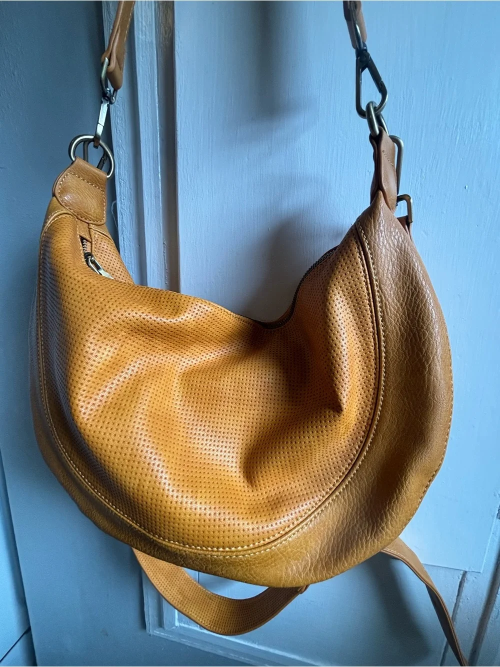 Anthropologie Mustard Tan Perforated Faux Leather Hobo Bag